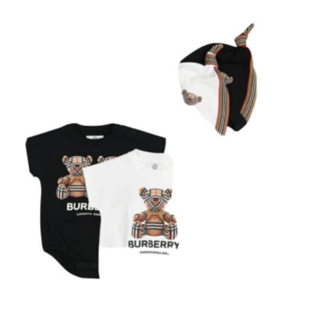 BURBERRY OF LONDON TWO PACK BODYSUIT & CAPS. BRAND NEW WITH TAGS 18 M